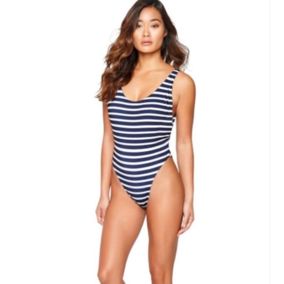 NWT Agua Bendita Brujula Navy White Stripe One Piece Brazilian Cut Swimsuit L - Picture 1 of 6